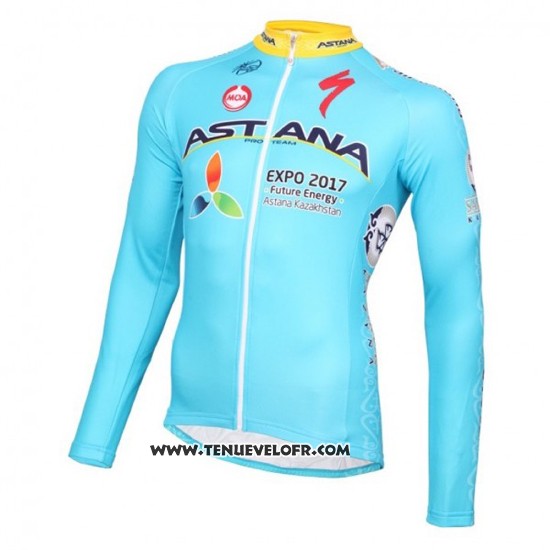2016 Maillot Ciclismo Astana Bleu Clair et Jaune Manches Longues et Cuissard